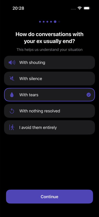 Emotional state selection screen for how conversations with an ex usually end