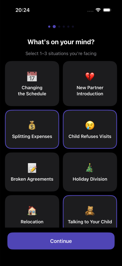Tough Talk scenario picker with common co-parenting conflicts